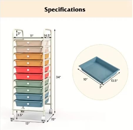 10 Drawer Rolling Storage Cart Organizer with Locking Wheels K272963