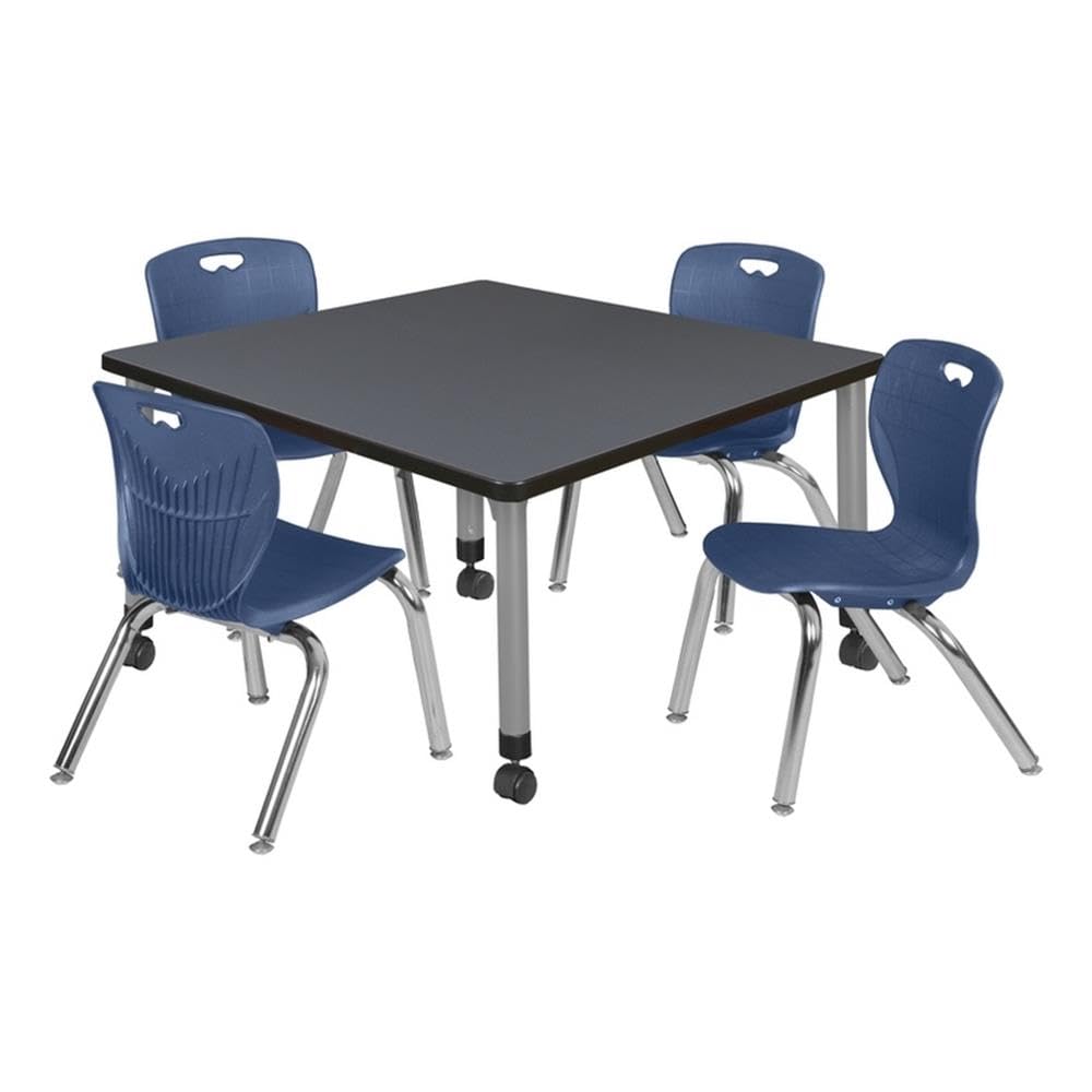 42" Square Mobile Table with 4 Blue Stack Chairs E763210