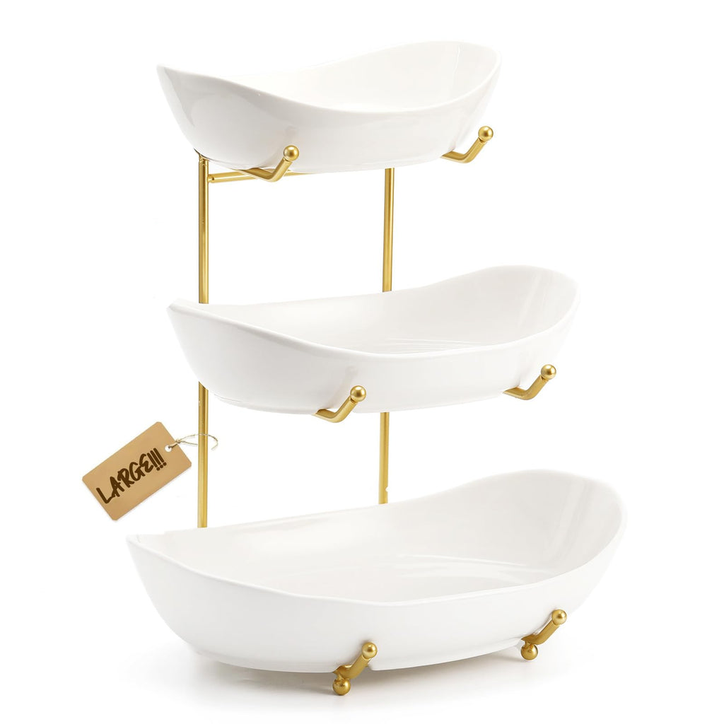 3 Tier Ceramic Fruit Bowl with Golden Metal Stand P37922