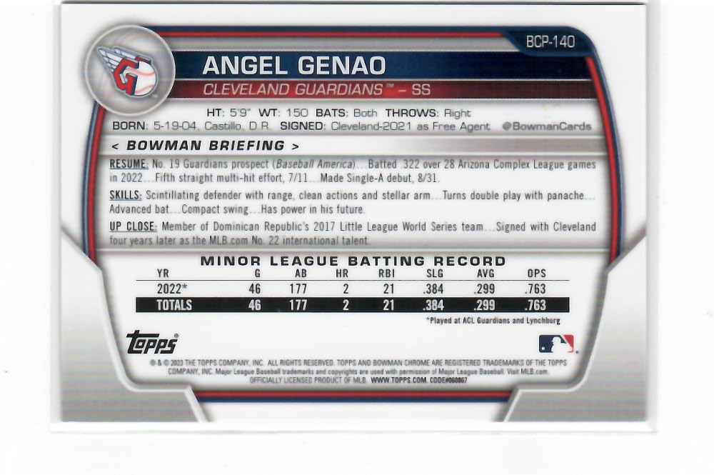 2023 Bowman Chrome Mega Box Prospects Mojo Refractor Purple #BCP-140 Angel Genao 1st Bowman /250 Cleveland Guardians Baseball NM-MT V839168