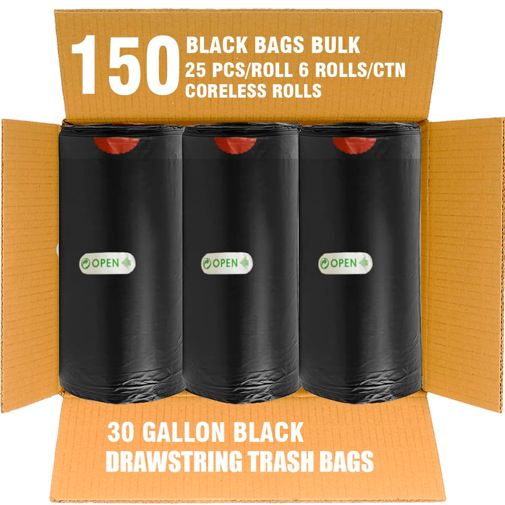 30 Gallon Drawstring Trash Bags, 150 Count Black Heavy Duty K6987