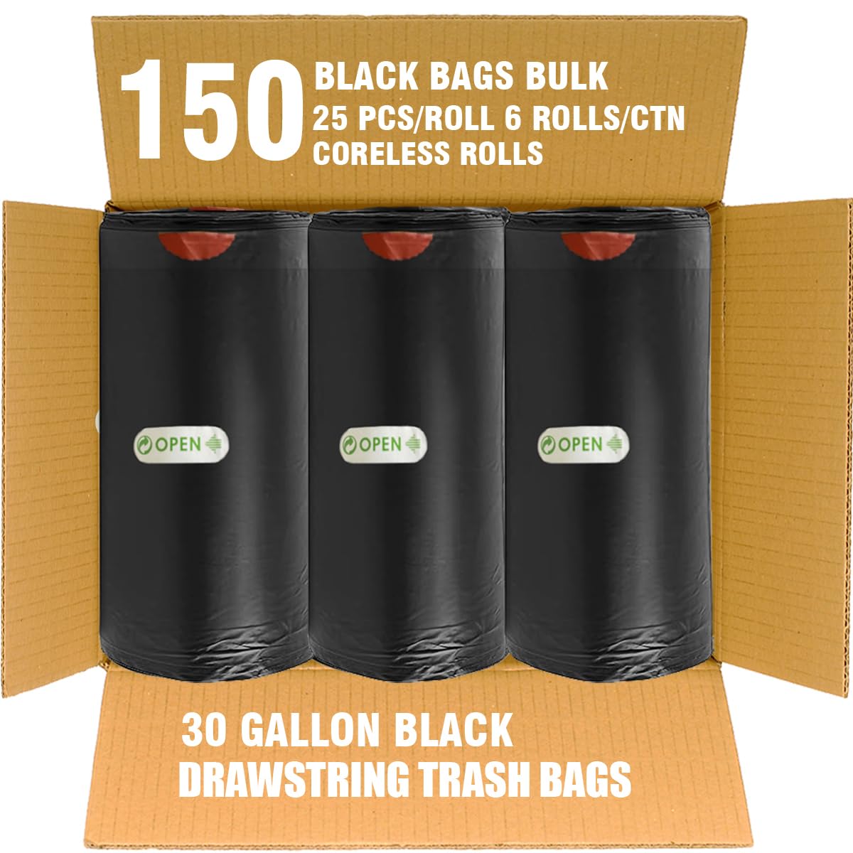 30 Gallon Drawstring Trash Bags, 150 Count Black Heavy Duty K6987