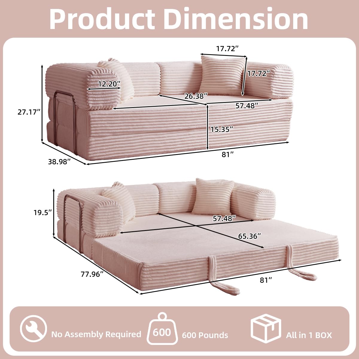 Pink 81 Inch Convertible Folding Sofa Bed B809