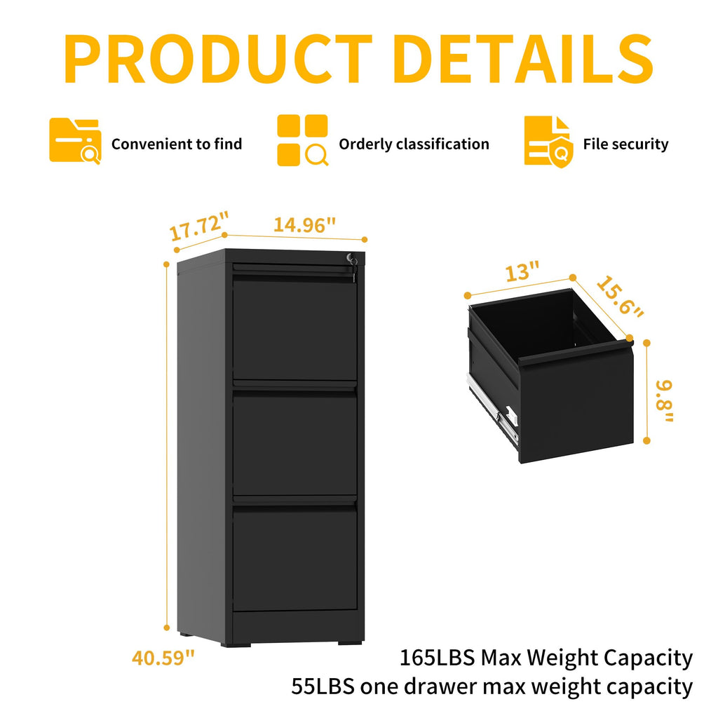3 Drawer Black Metal File Cabinet with Lock I903