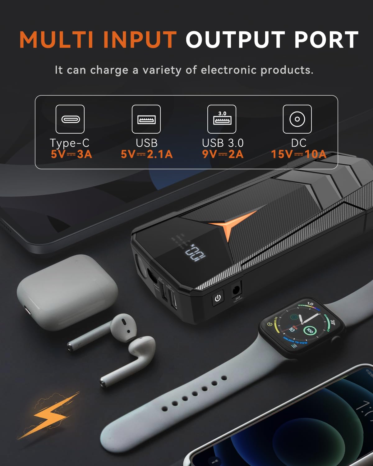 2000A Peak 20000mAh 12V Lithium Jump Starter Battery Pack with LCD Screen and LED Light D3658