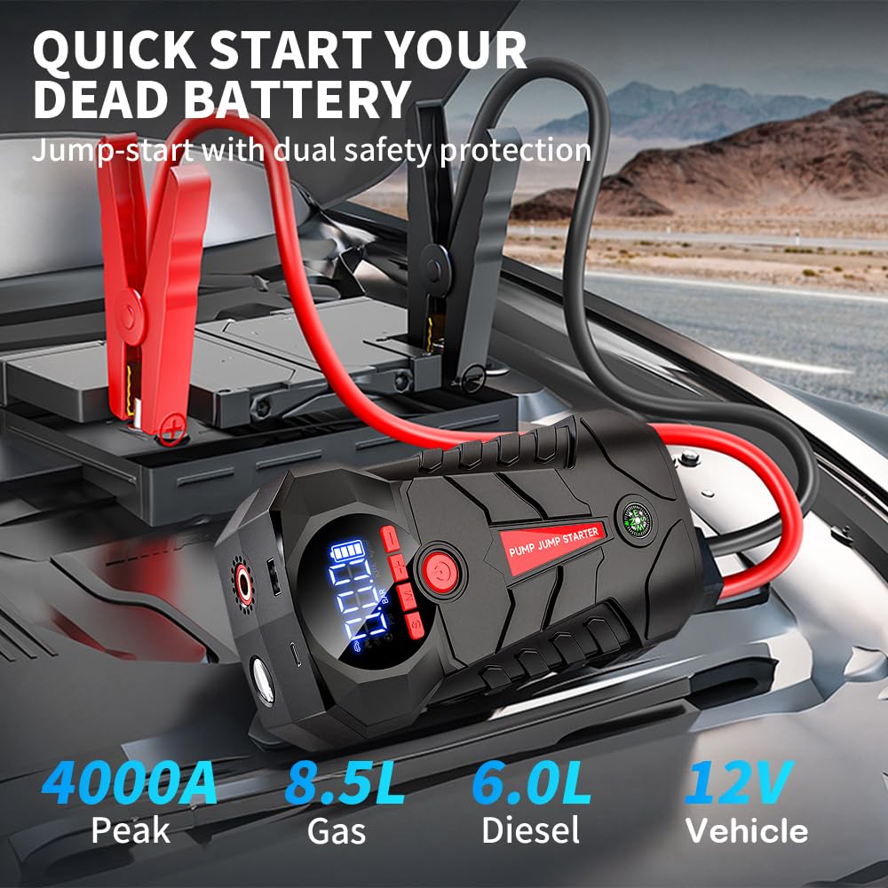 4-in-1 Car Battery Jump Starter with 150PSI Tire Inflator Q64459