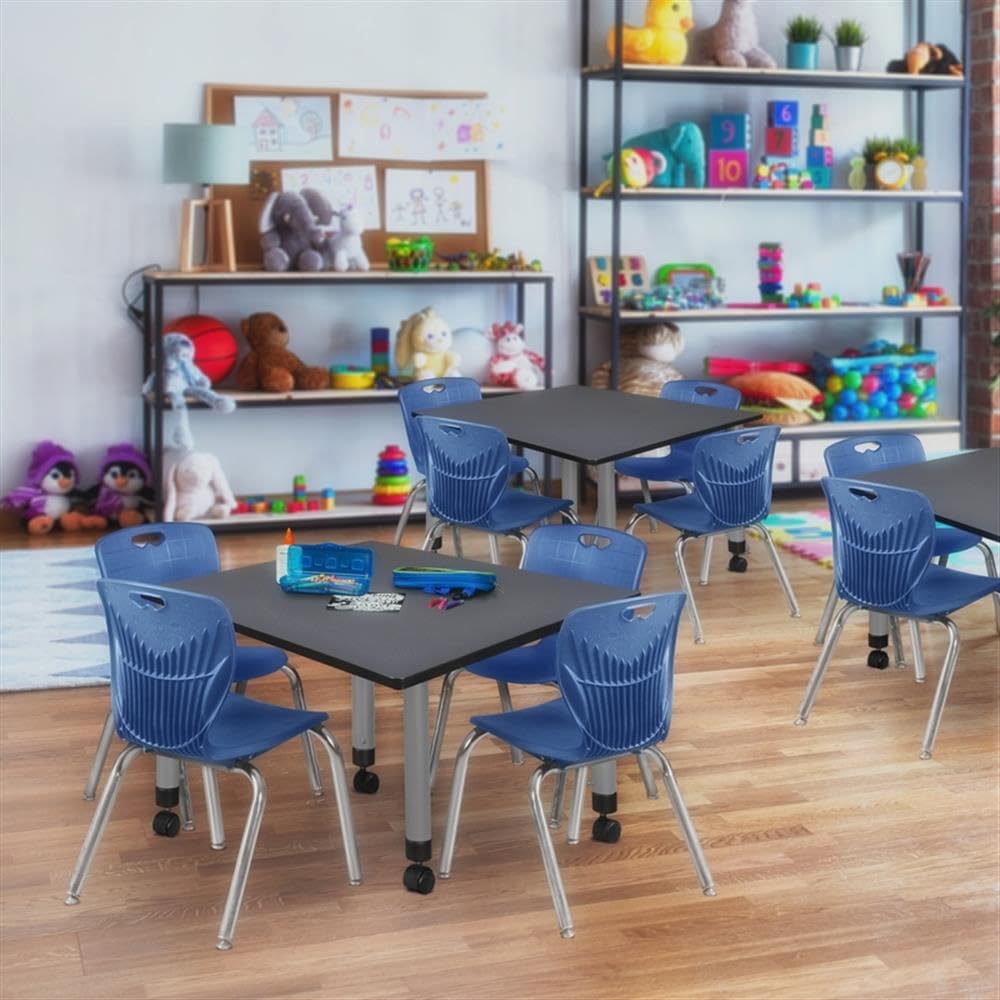 42" Square Mobile Table with 4 Blue Stack Chairs E763210