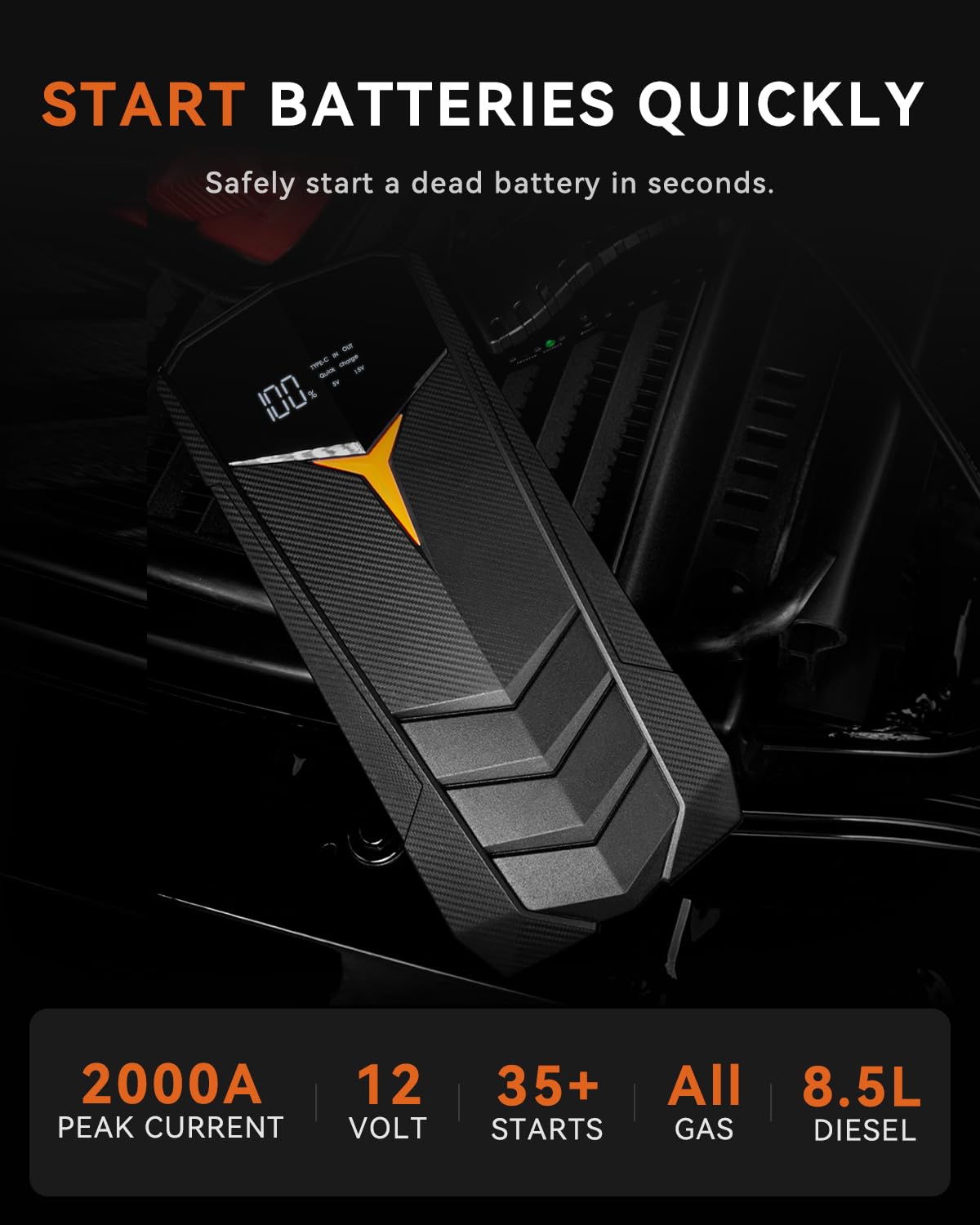 2000A Peak 20000mAh 12V Lithium Jump Starter Battery Pack with LCD Screen and LED Light D3658