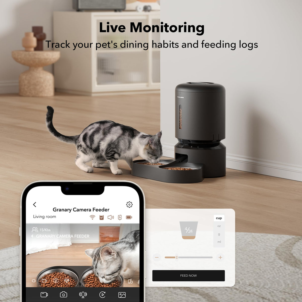Automatic Cat Feeder with Camera, 1080P HD Video, 5G WiFi, 2-Way Audio, Dual Tray, Black 5L R991