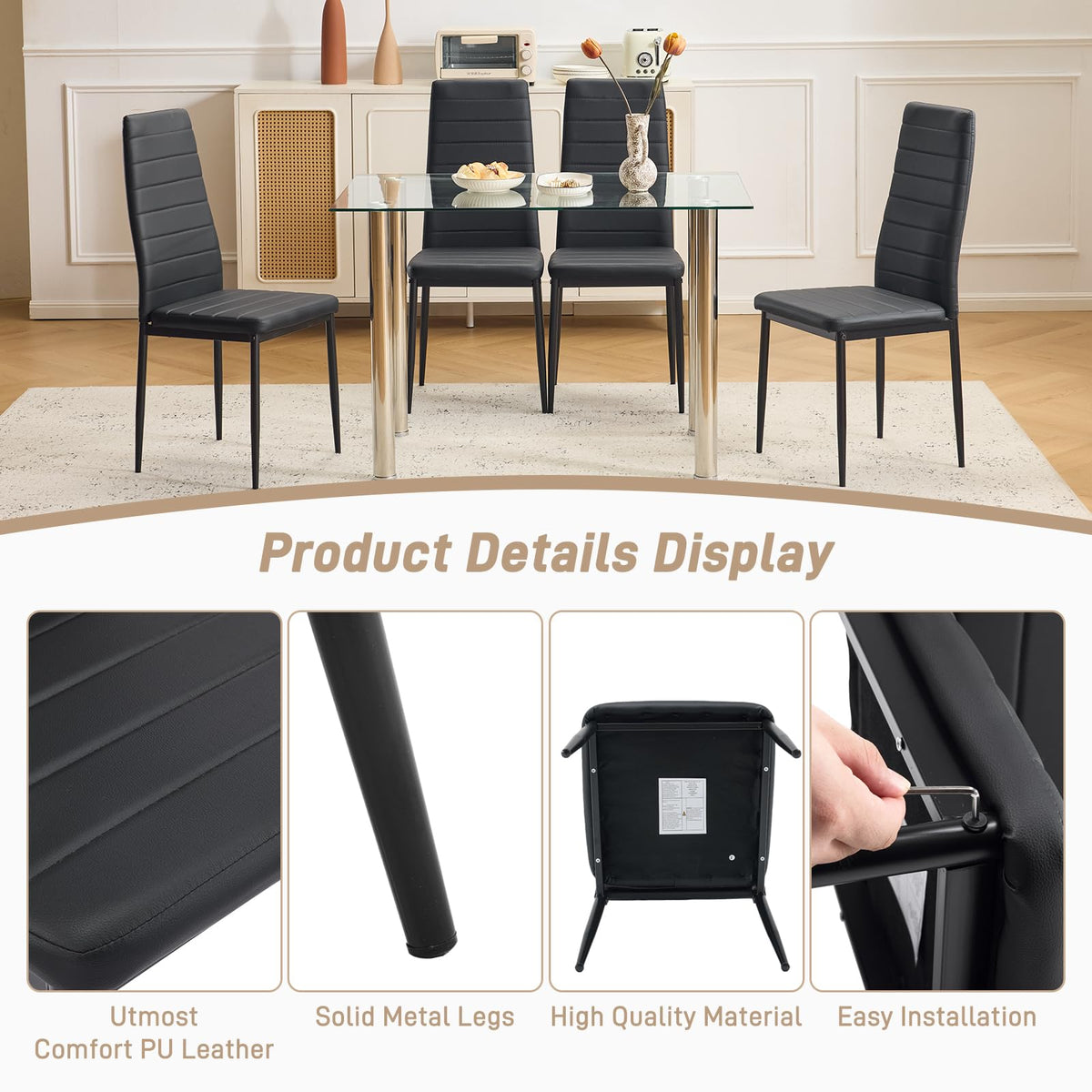Black PU Leather Dining Chairs Set of 4 F9474