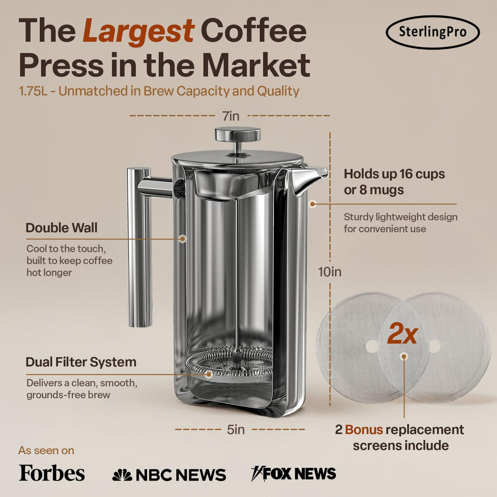 Extra Large Insulated Stainless Steel French Press Coffee Maker 2L F657