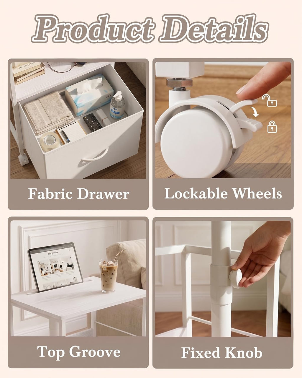 White Night Stand with Charging Station & Swivel Top I3100