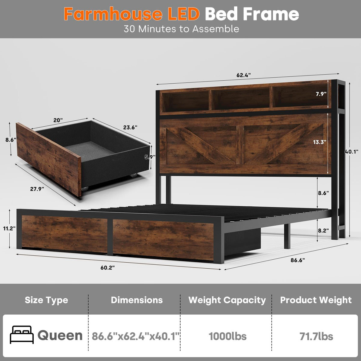 Queen Bed Frame with Bookcase Storage Headboard and 2 Storage Drawers W444513