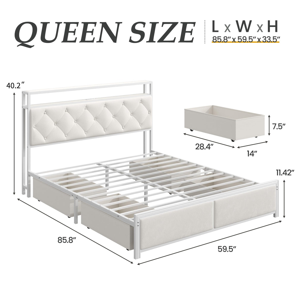 Queen Size Bed Frame with Headboard, Storage Drawers, Charging Station, Led Lights, Metal Structure, Beige N5120