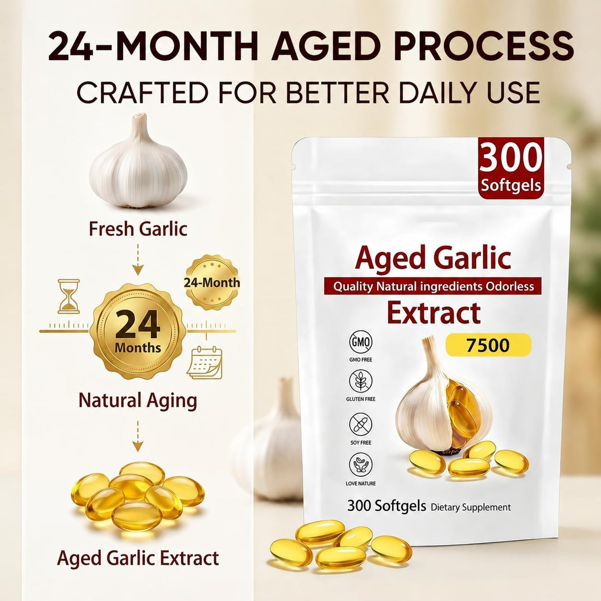 Odorless Organic Garlic Extract Capsules 300 Softgels K5312