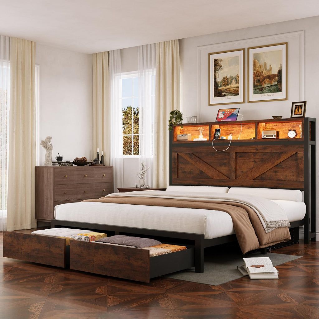 Queen Bed Frame with Bookcase Storage Headboard and 2 Storage Drawers W444513