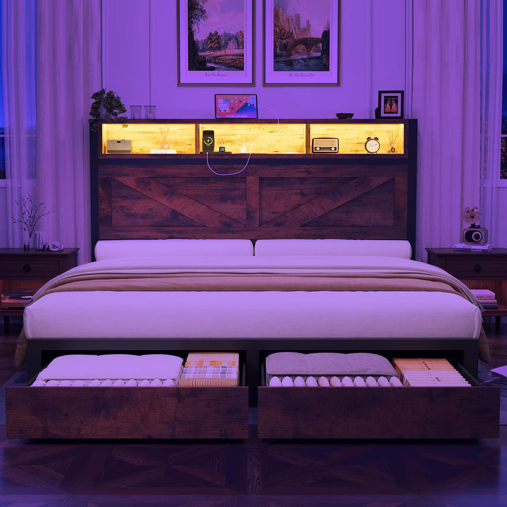 Queen Bed Frame with Bookcase Storage Headboard and 2 Storage Drawers W444513