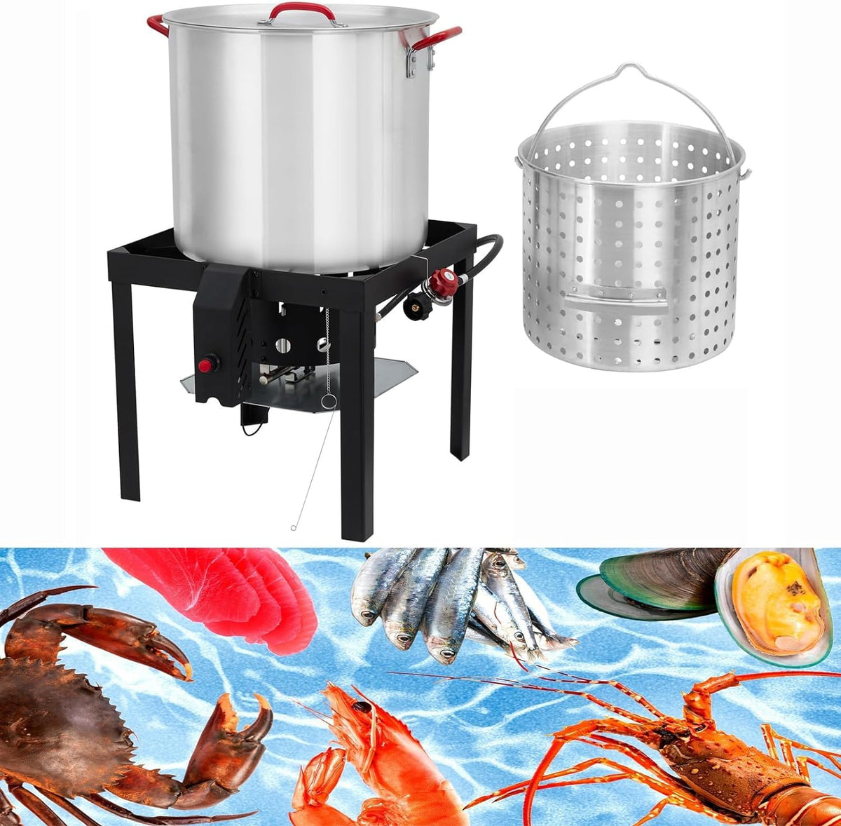 60 Qt Aluminum Seafood Boil Pot with Basket & Burner A257237