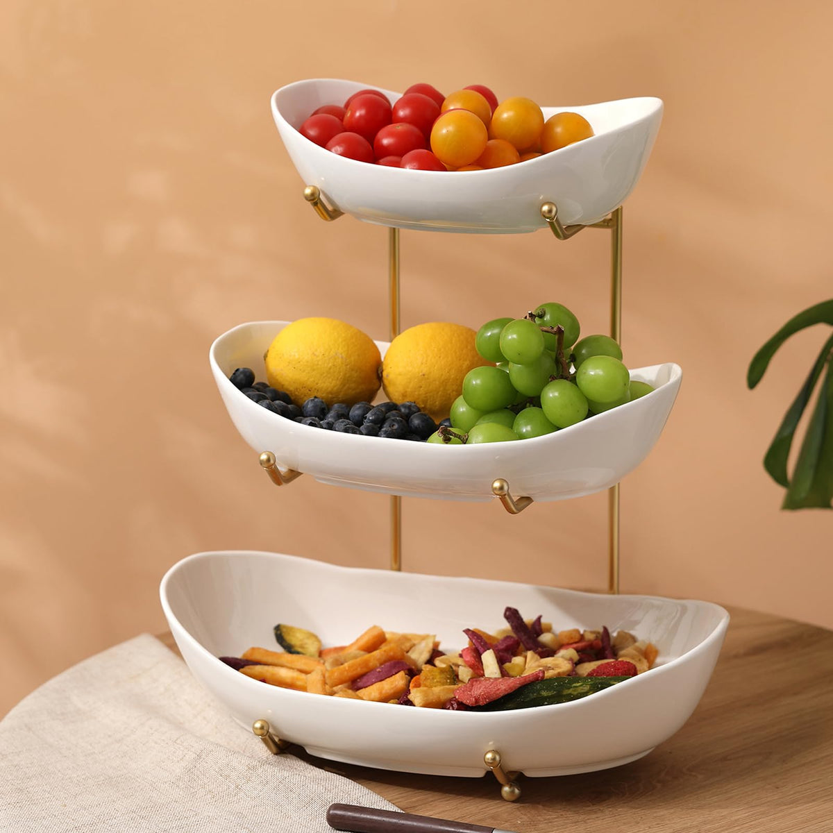 3 Tier Ceramic Fruit Bowl with Golden Metal Stand P37922