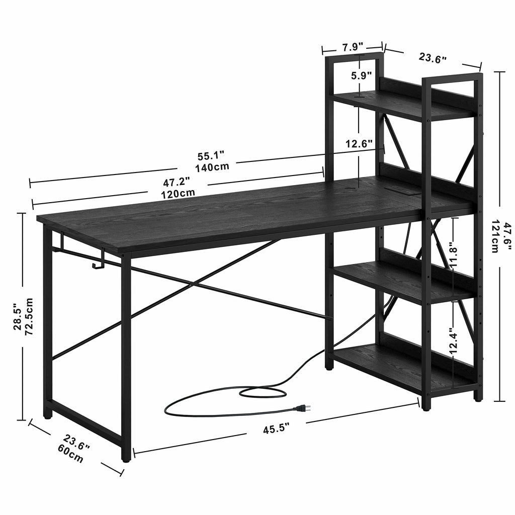 Black Computer Desk with Power Outlet and Storage Shelves D983