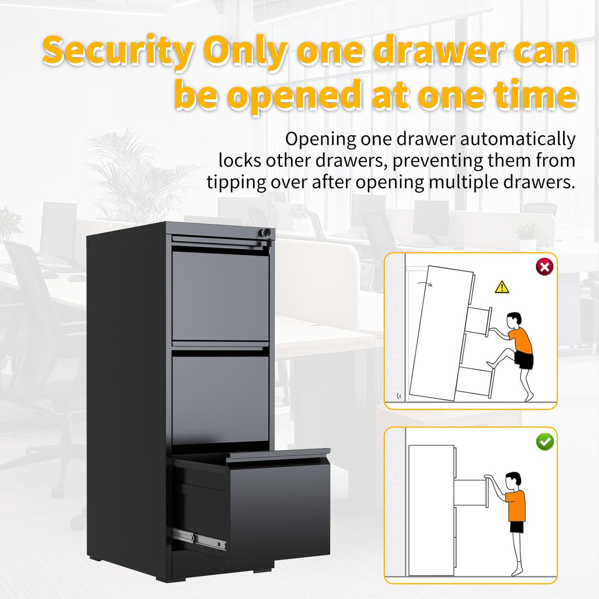 3 Drawer Black Metal File Cabinet with Lock I903