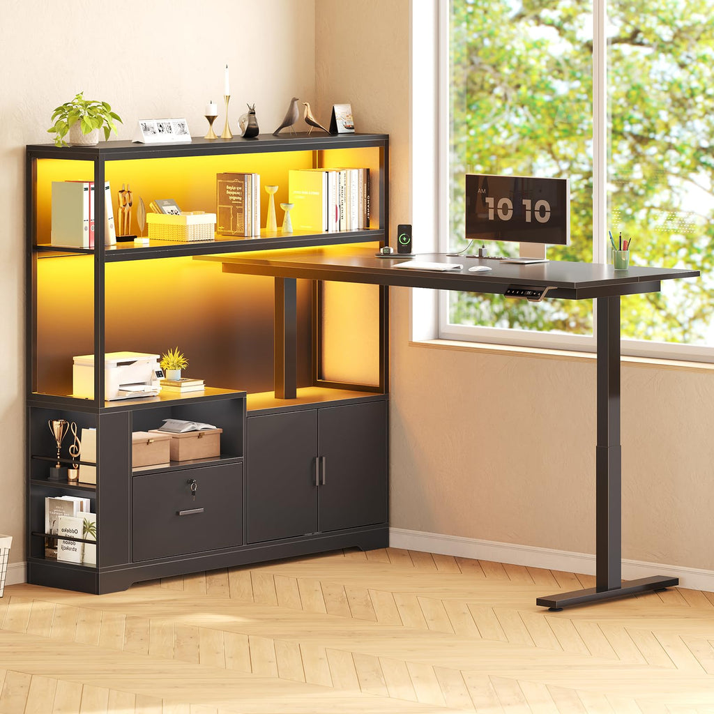 57" L Shaped Standing Desk with Storage Hutch X9221