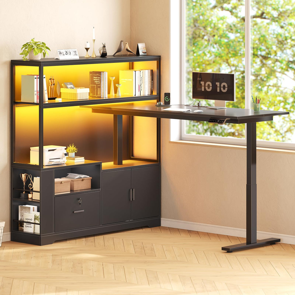 57" L Shaped Standing Desk with Storage Hutch X9221