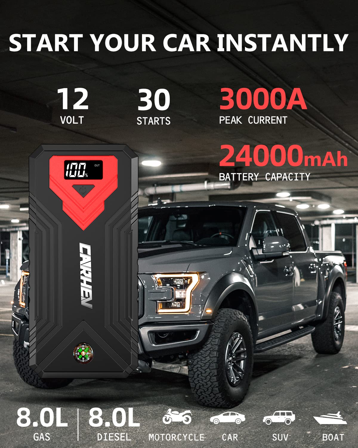 3000A 24000mAh 12V Jump Starter with LED Light and USB QC 3.0 P20704