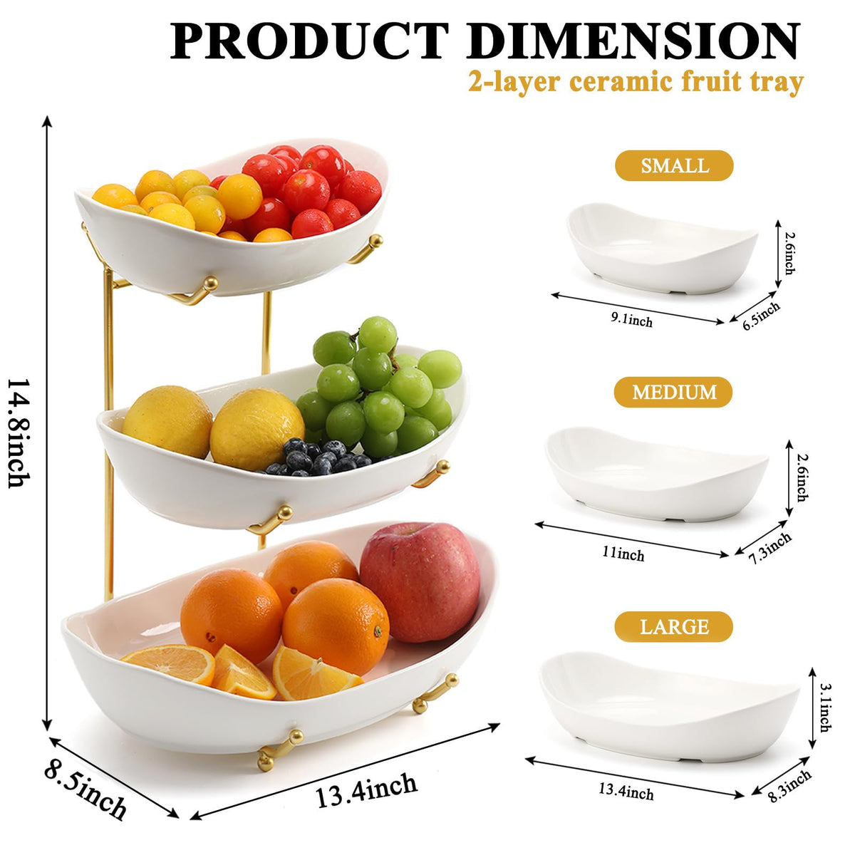 3 Tier Ceramic Fruit Bowl with Golden Metal Stand P37922