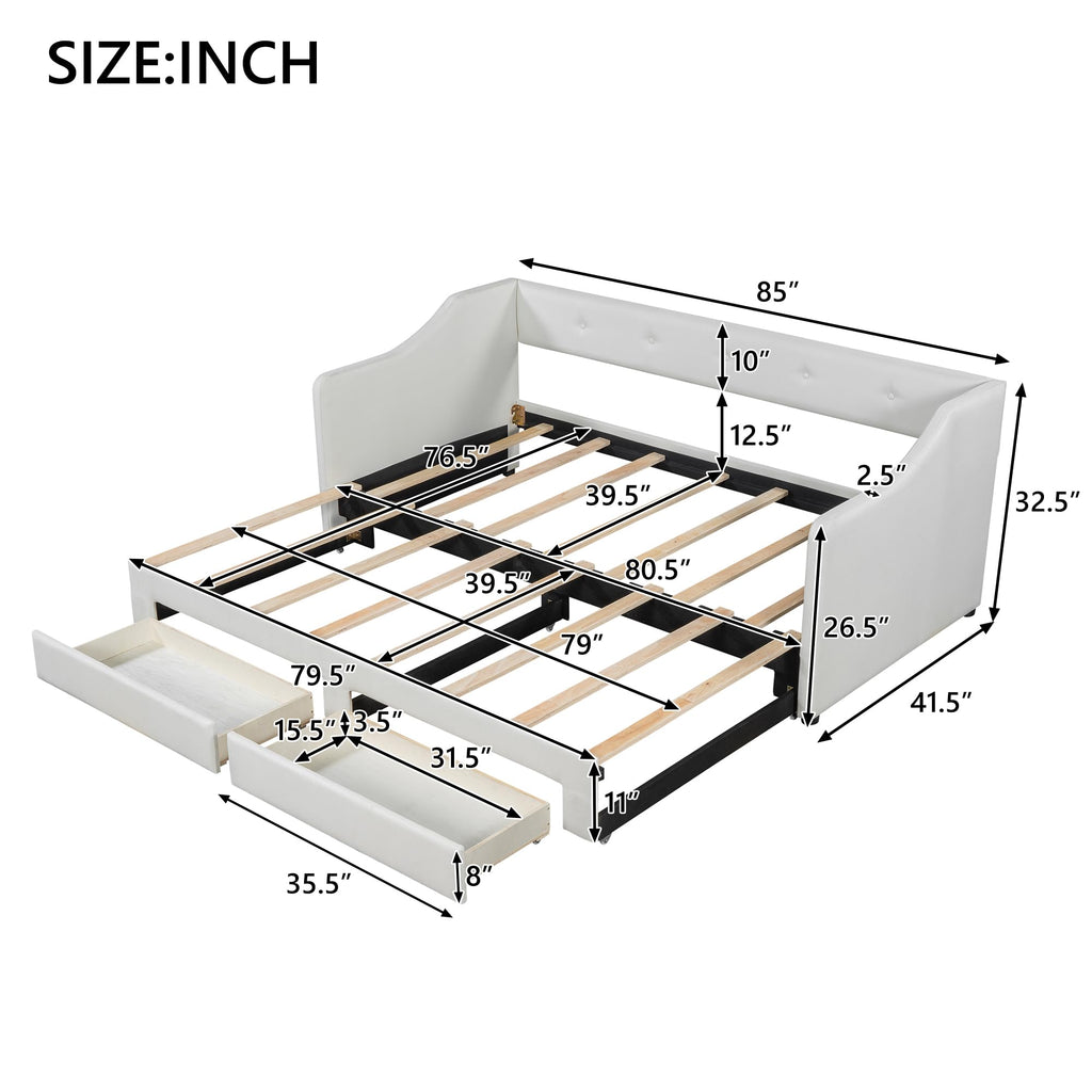Beige Upholstered Daybed with Trundle and Storage Drawers Y420