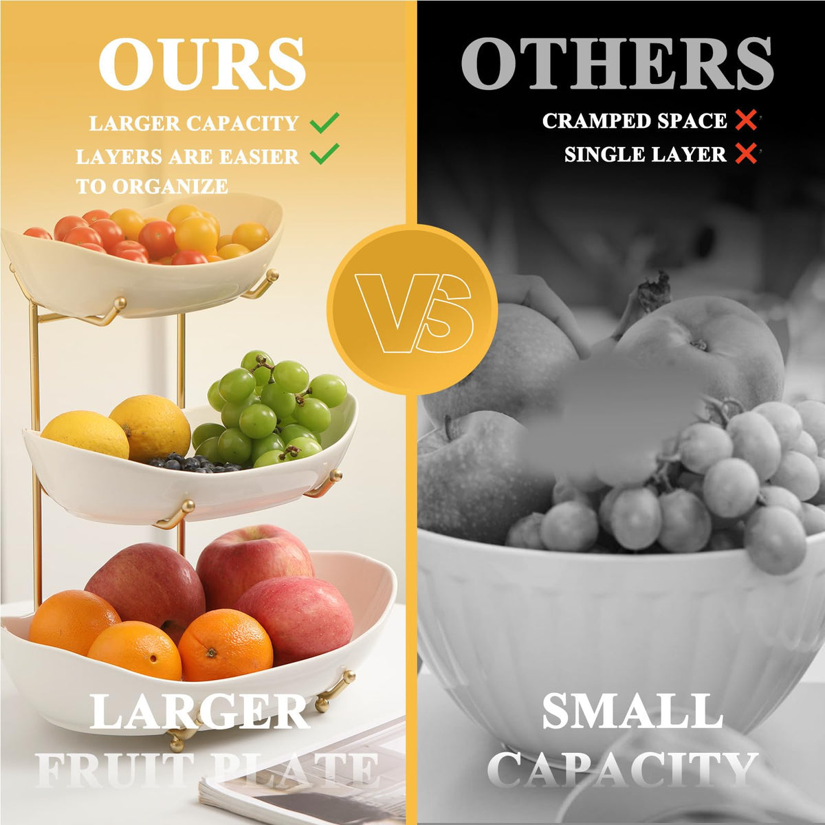 3 Tier Ceramic Fruit Bowl with Golden Metal Stand P37922