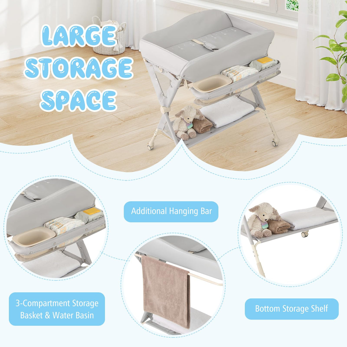 Portable Foldable Baby Changing Table with Wheels Y66875