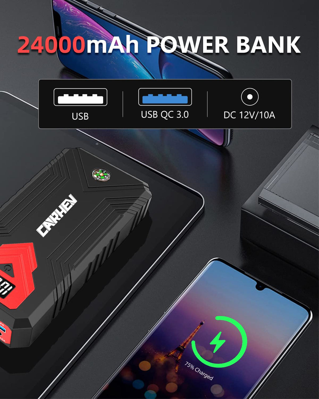 3000A 24000mAh 12V Jump Starter with LED Light and USB QC 3.0 P20704