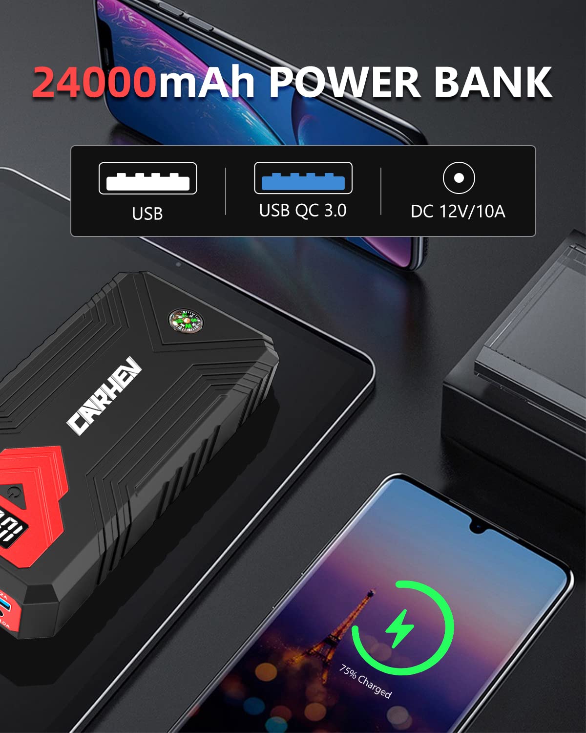 3000A 24000mAh 12V Jump Starter with LED Light and USB QC 3.0 P20704