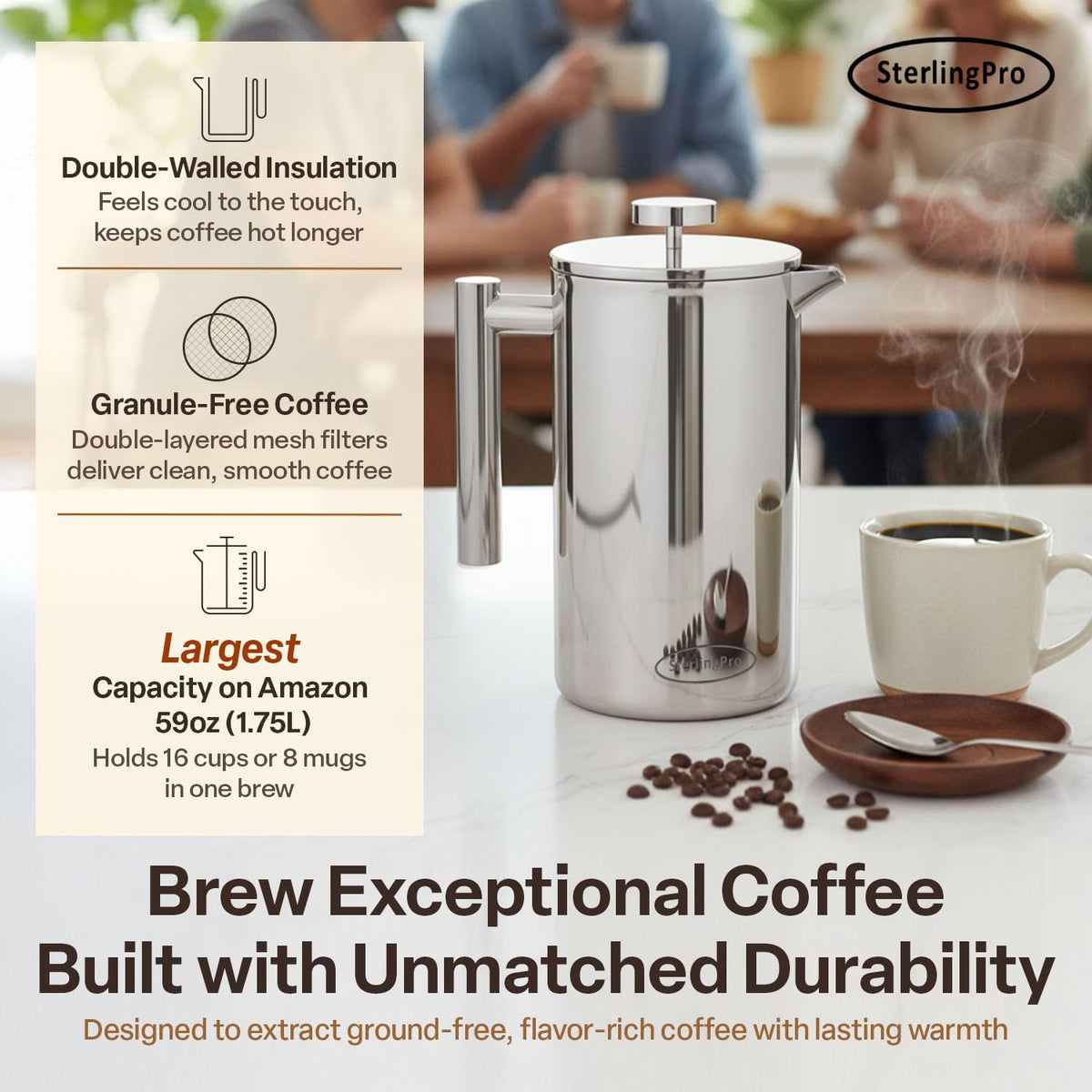 Extra Large Insulated Stainless Steel French Press Coffee Maker 2L F657