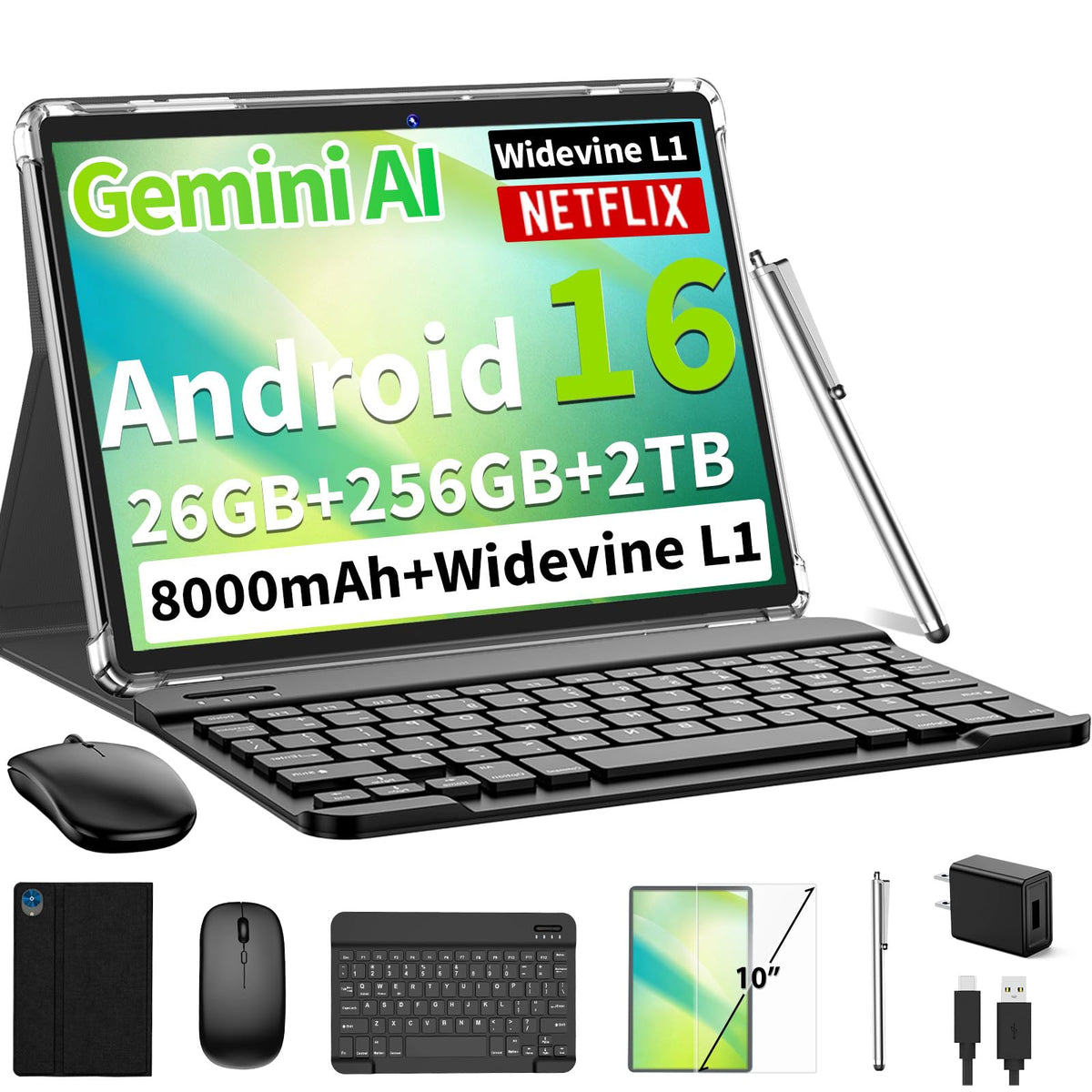 Android 16 Tablet with Keyboard 26GB 256GB 2TB Octa-Core Black Case X75719
