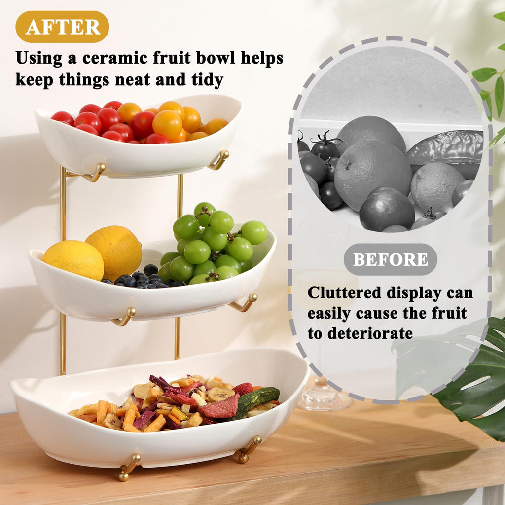 3 Tier Ceramic Fruit Bowl with Golden Metal Stand P37922