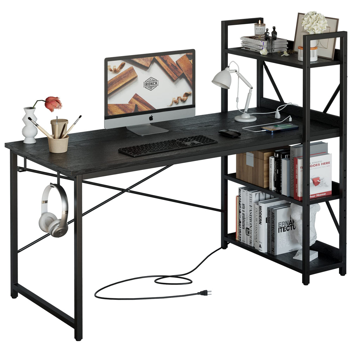 Black Computer Desk with Power Outlet and Storage Shelves D983