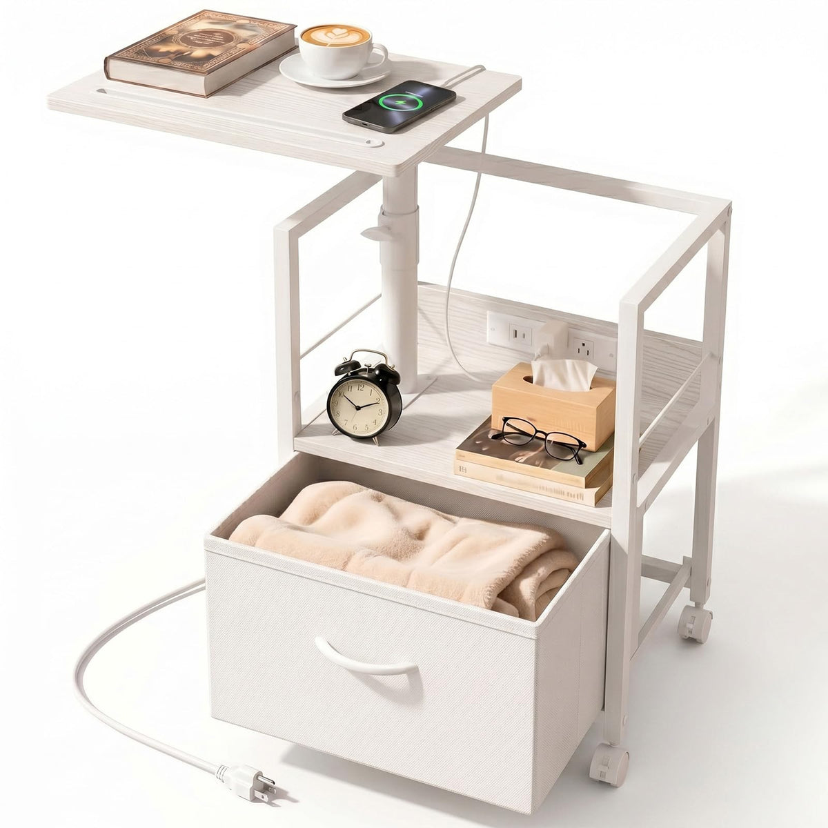 White Night Stand with Charging Station & Swivel Top I3100