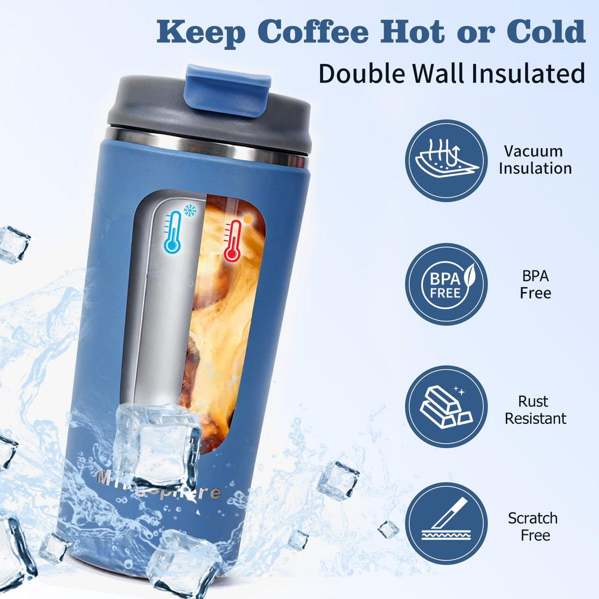 16oz Insulated Stainless Steel Coffee Cup with Flip Lid, Blue O5894