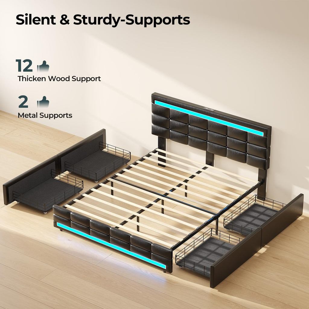 Queen Bed Frame with 4 Storage Drawers J422310