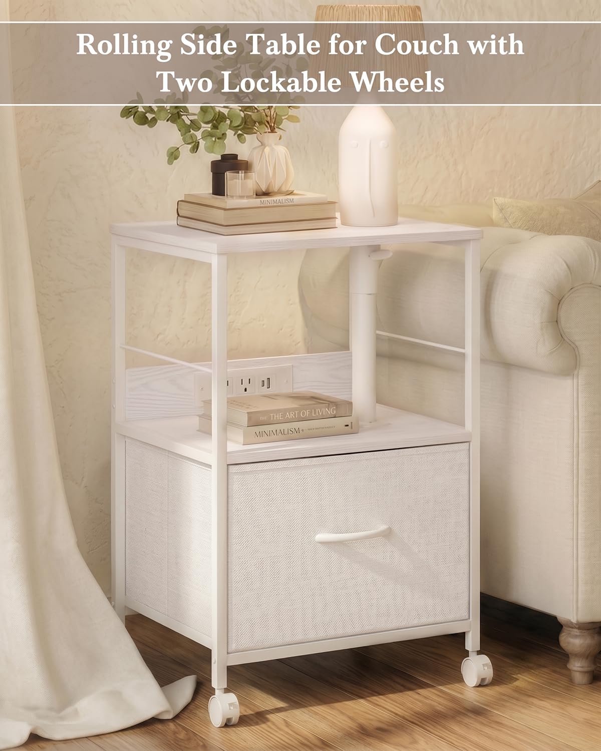 White Night Stand with Charging Station & Swivel Top I3100
