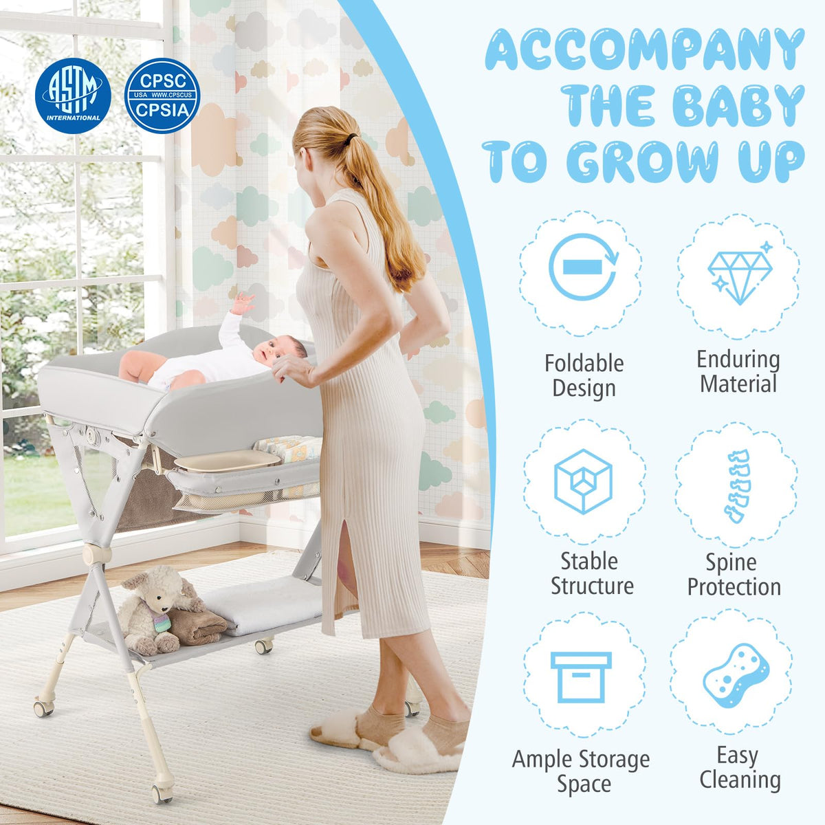 Portable Foldable Baby Changing Table with Wheels Y66875