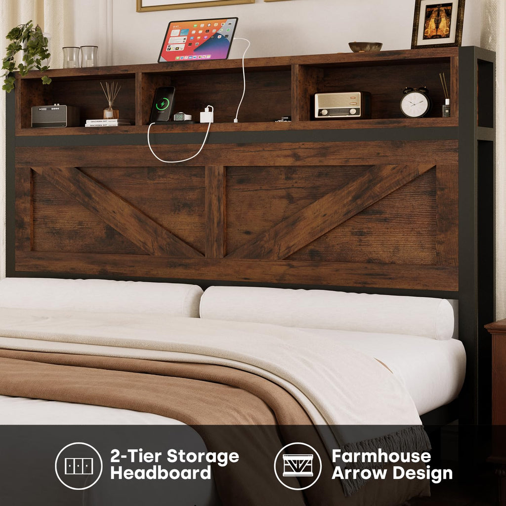 Queen Bed Frame with Bookcase Storage Headboard and 2 Storage Drawers W444513