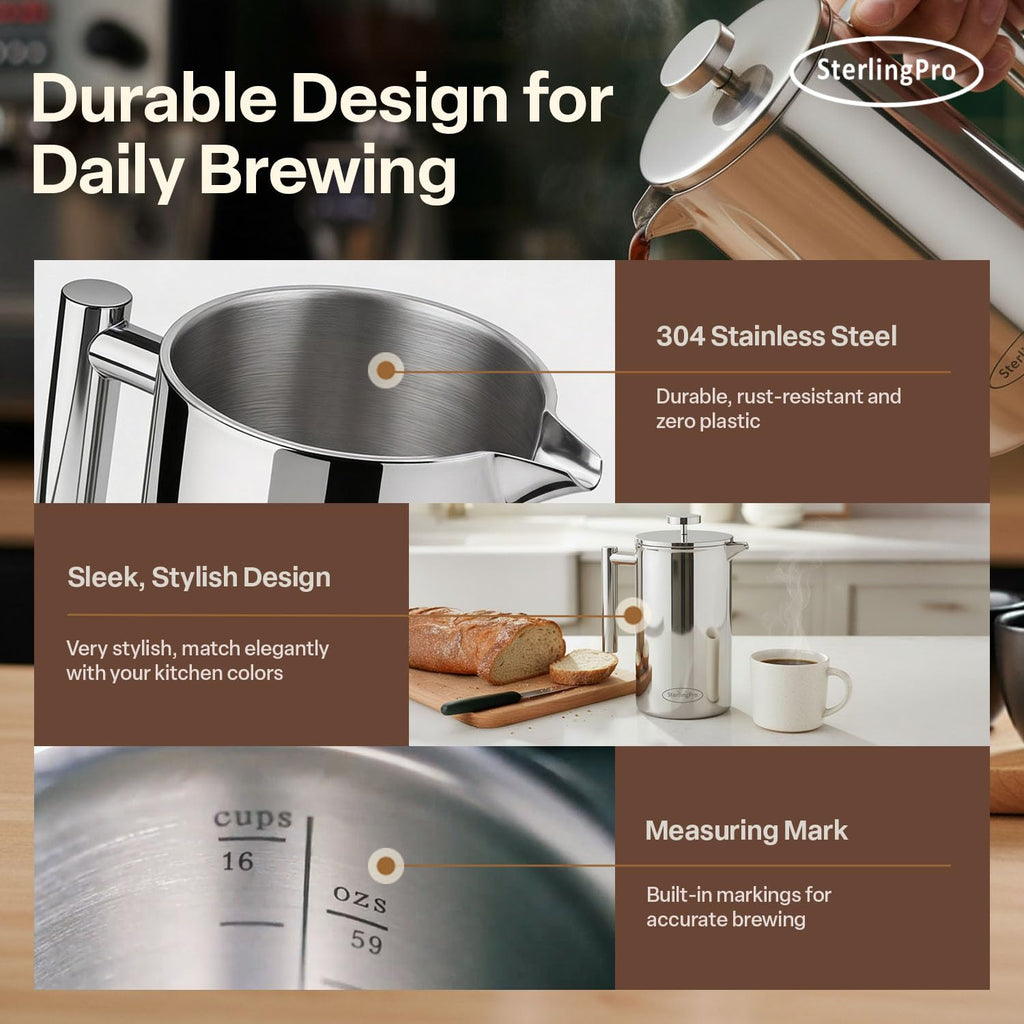 Extra Large Insulated Stainless Steel French Press Coffee Maker 2L F657