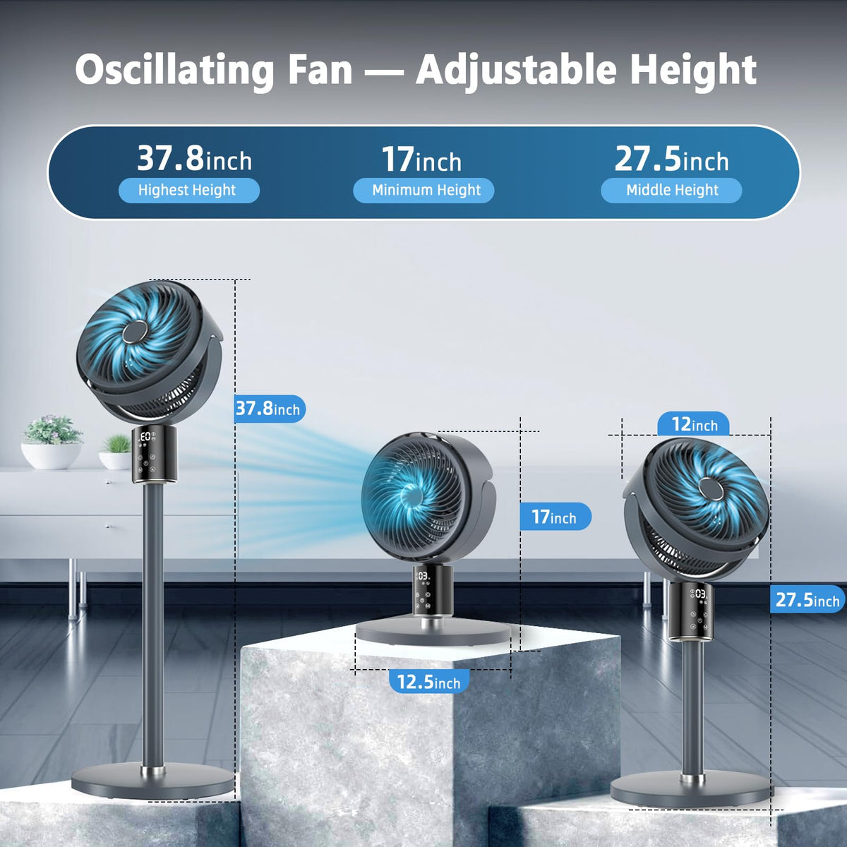 100ft Oscillating Standing Fan with Adjustable Height E7871