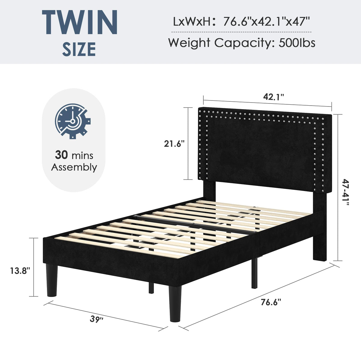 Twin Size Black Platform Bed Frame with Adjustable Upholstered Headboard L6252