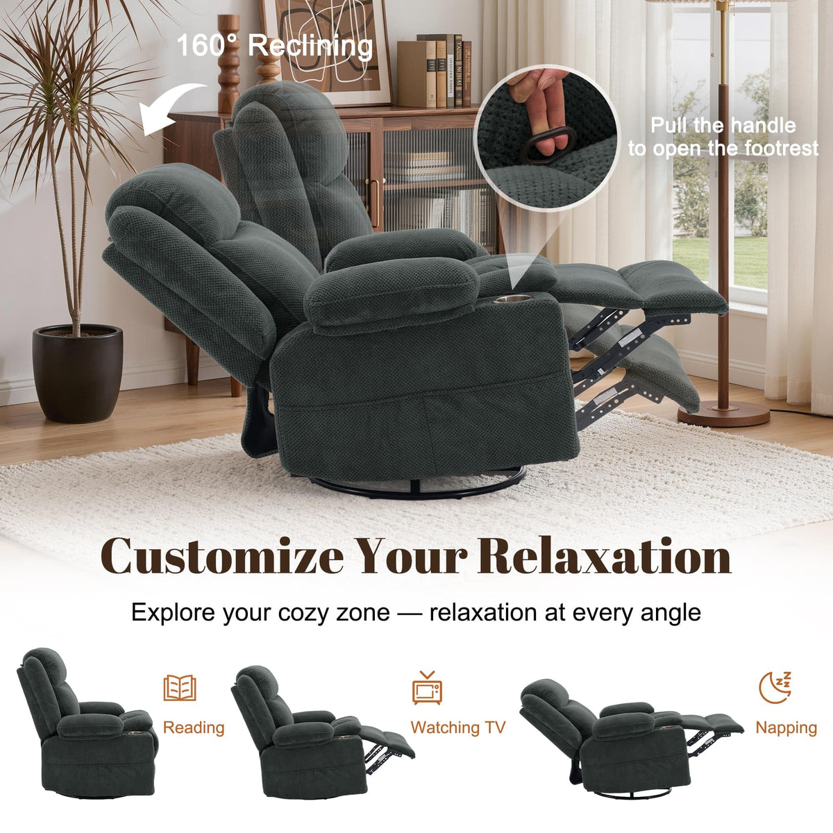 Gray Swivel Rocker Recliner with Massage & Heat Y637