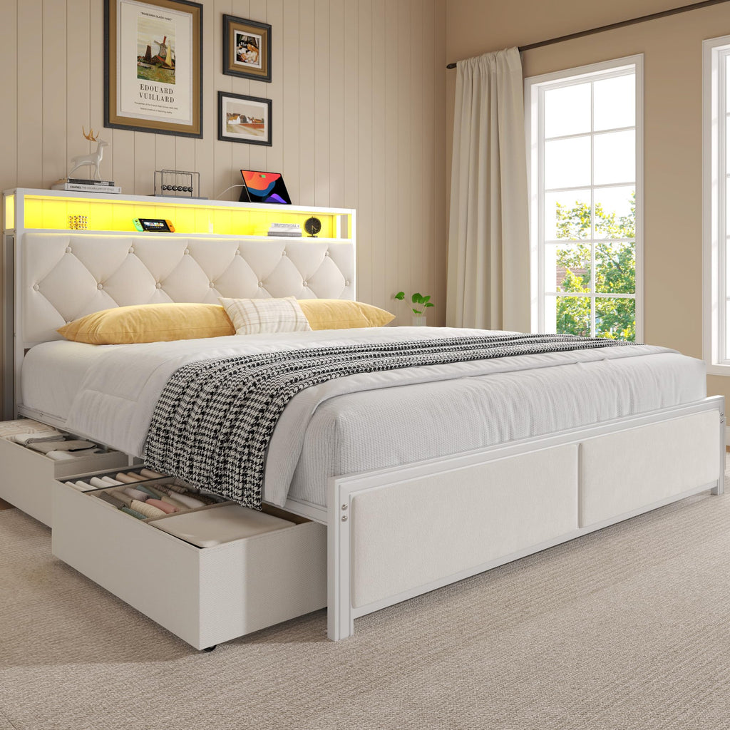 Queen Size Bed Frame with Headboard, Storage Drawers, Charging Station, Led Lights, Metal Structure, Beige N5120