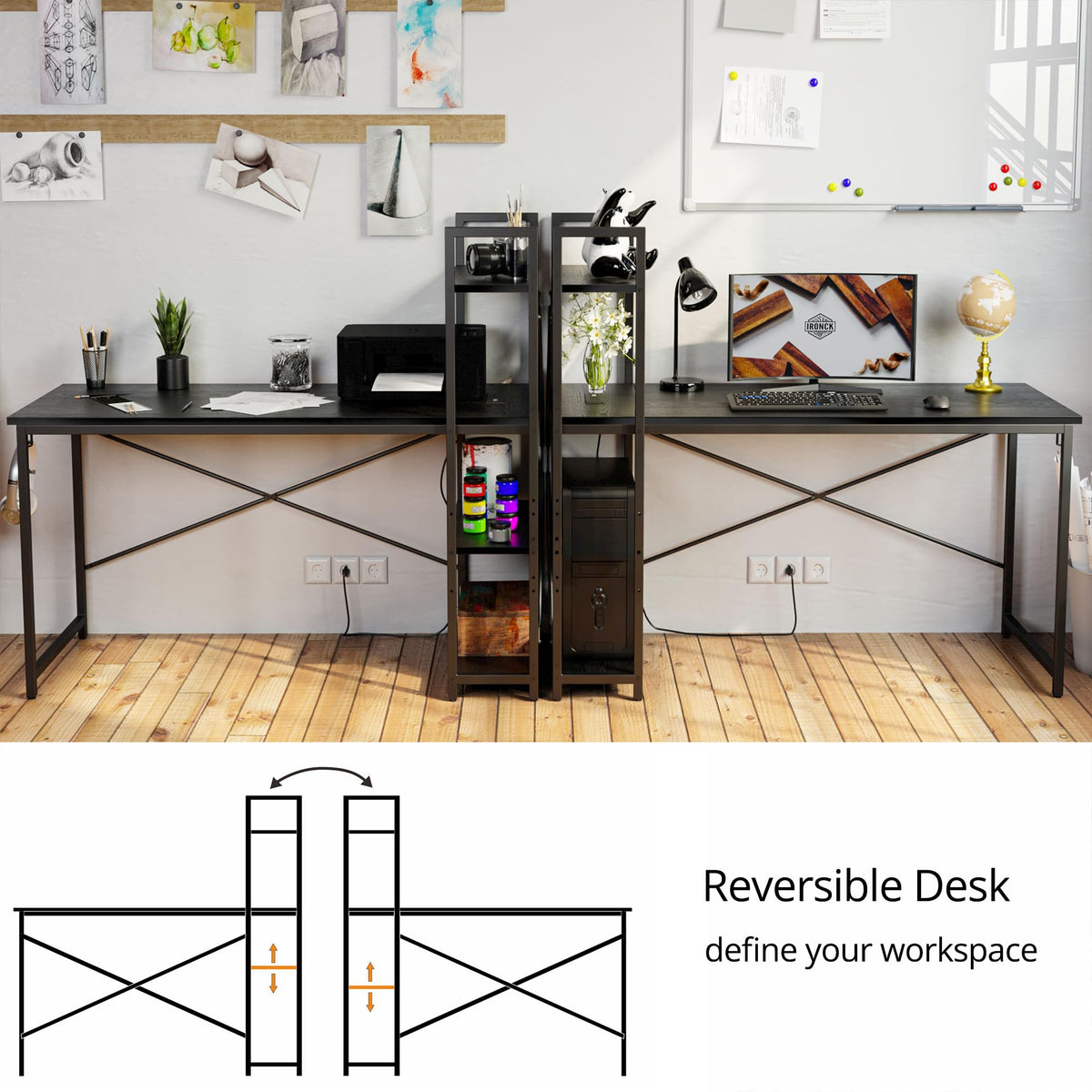 Black Computer Desk with Power Outlet and Storage Shelves D983